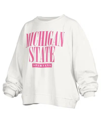 PRESSBOX WOMEN'S PRESSBOX WHITE MICHIGAN STATE SPARTANS SUTTON JANISE WAIST LENGTH OVERSIZED PULLOVER SWEATSH