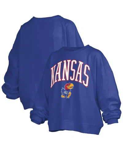 Pressbox Women's Royal Kansas Jayhawks Janise Arch Over Logo Waist Length Oversized Pullover Sweatshirt In Blue