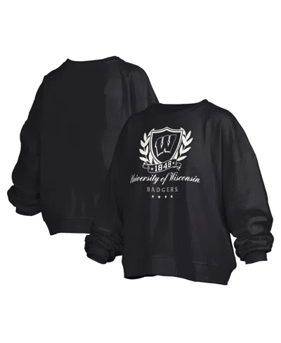 Pressbox Women's Wisconsin Badgers Big Aug Script Janice Oversized Cropped Graphic Crewneck Pullover Sweatshi In Black