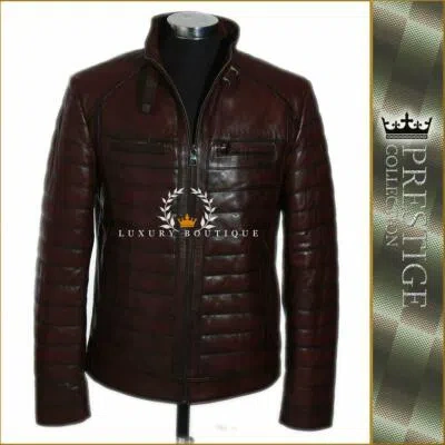 Pre-owned Prestige Ralph Brown Waxed Men's Quilted Puffer Lambskin Nappa Leather Jacket In White