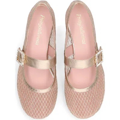 Pretty Ballerinas Metallic Mesh Crystal Buckle Ballet Flat In Gold