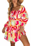 Pretty Bash Abstract Smocked Square Neck Dress In Multi In Multi