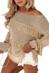 Pretty Bash Boho Fringe Sweater In Khaki