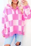 Pretty Bash Checker Collared Drop Shoulder Sweater In Pink In Pink