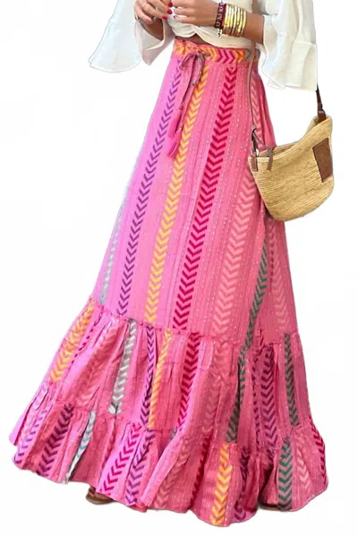 Pretty Bash Chevron Tasseled Ruffle Maxi Skirt In Pink