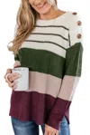Pretty Bash Colorblock Stripe Buttoned Sweater In Green In Green