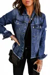 Pretty Bash Denim Distressed Raw Hem Jacket In Blue