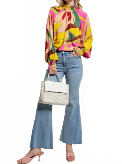 Pretty Bash Floral Smocked Stand Neck Blouse In Multi