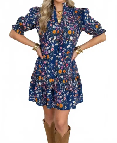 Pretty Bash Floral Split Neck Puff Sleeve Mini Dress In Blue