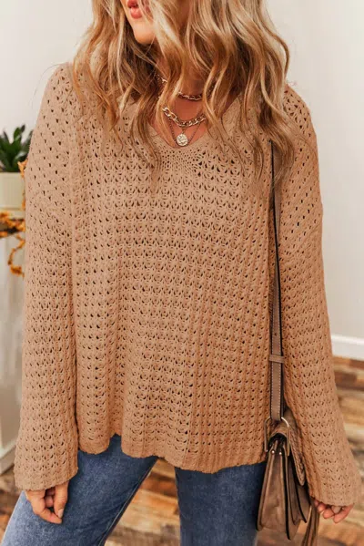 Pretty Bash Hollowed Crochet V-neck Sweater In Light French Beige In Brown