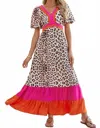 Pretty Bash Leopard Colorblock Bubble Sleeve Maxi Dress In Multi In Blue