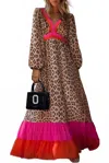 Pretty Bash Leopard Colorblock Long Sleeve Maxi Dress In Bright Pink In Animal Print
