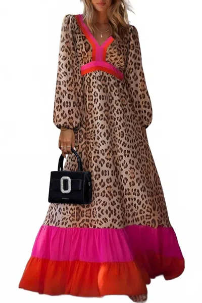 PRETTY BASH LEOPARD COLORBLOCK LONG SLEEVE MAXI DRESS IN BRIGHT PINK