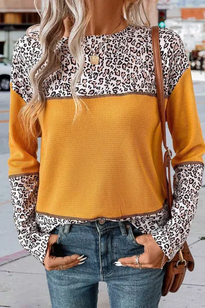 Pretty Bash Leopard Waffle Colorblock Top In Vitality Orange In Multi