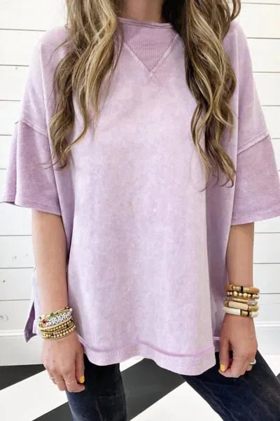 Pretty Bash Mineral Wash Drop Shoulder Tee In Lilac In Pink