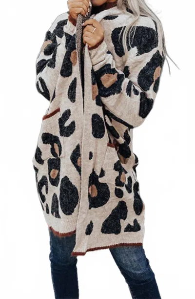 Pretty Bash Open Front Long Cardigan In Ivory With Leopard Print In Brown