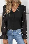 Pretty Bash Pearl Beaded Flounce Sleeve Blouse In Black
