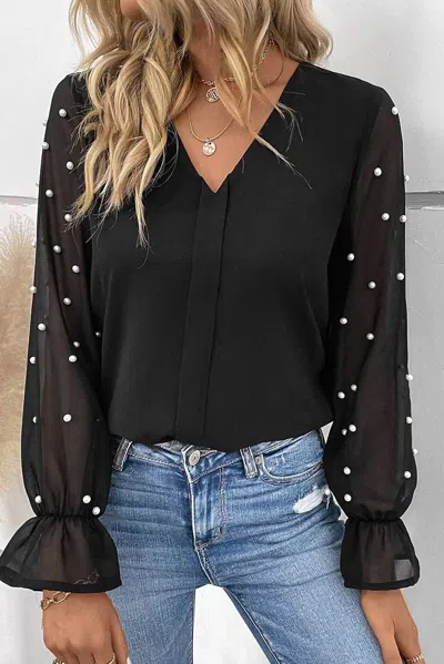 Pretty Bash Pearl Beaded Flounce Sleeve Blouse In Black