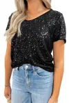 Pretty Bash Sequin Short Sleeve Top In Black In Black