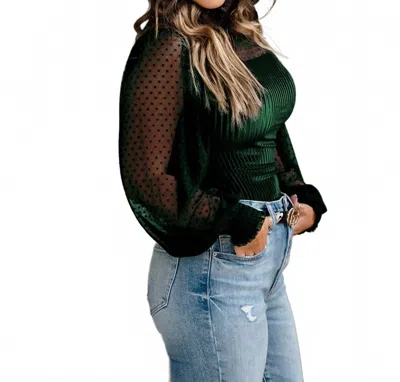Pretty Bash Sheer Dotty Long Sleeve Ribbed Velvet Bodysuit In Hunter Green