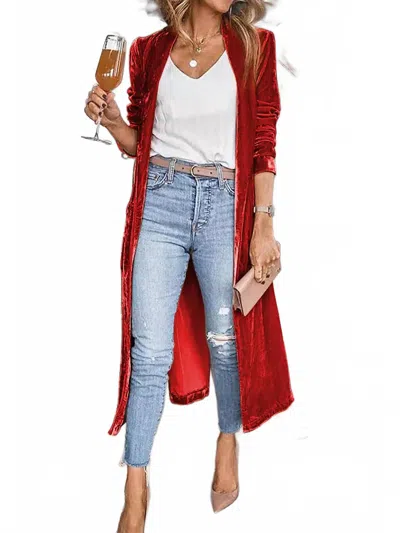 Pretty Bash Valerie Velvet Open Front Pocketed Cardigan In Red
