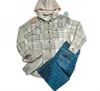 Pretty Bash Women's Plaid Button Down Shacket With Removable Hood In Khaki In Multi