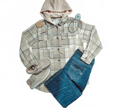 Pretty Bash Women's Plaid Button Down Shacket With Removable Hood In Khaki In Multi