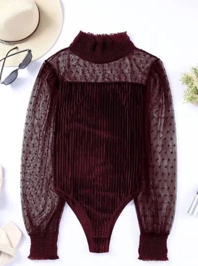 Pretty Bash Women's Sheer Dotty Long Sleeve Velvet Bodysuit In Burgundy