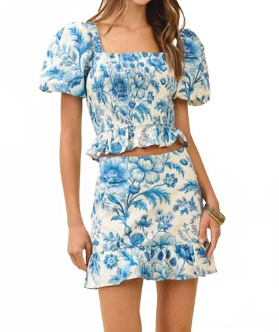 Pretty Follies Floral Print Smocked Bodice Puff Sleeves Top And Skirt Set In Azul In Blue