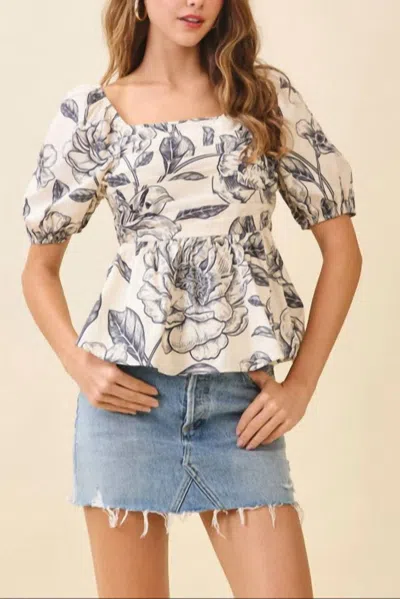Pretty Follies Floral Print Square Neck Ruched Top In Cream In White