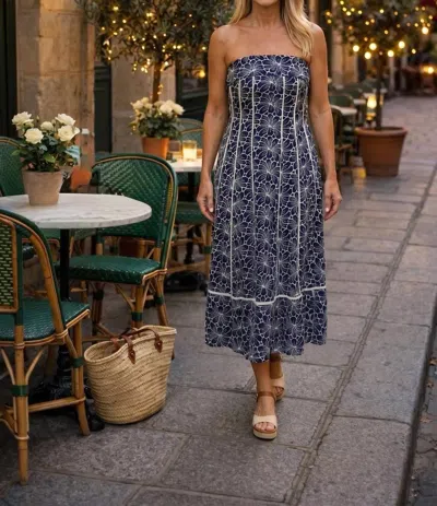 Pretty Follies Gloria Floral Print Strapless Midi Dress In Navy In Blue