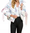 Pretty Follies Long Sleeve Floral Ribbon Puffer Coat In White In Multi