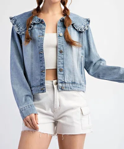 Pretty Follies Ruffled Denim Jacket In Denim Blue In Multi