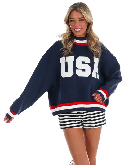 Pretty Follies Usa Letter Print Contrast Sweatshirt In Navy In Blue