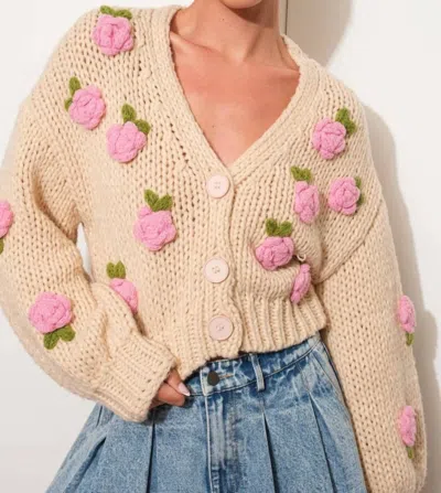 Pretty Garbage 3d Rose Knit Cropped Cardigan In Beige In Neutral