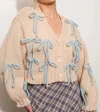 Pretty Garbage Beloved Bow Chunky Knit Cardigan In Sand In Beige