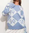 Pretty Garbage Bow Checkered Knit Sweater In Blue In Blue