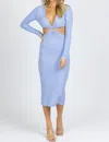 PRETTY GARBAGE PERI LONG SLEEVE O-RING MIDI DRESS IN BLUE