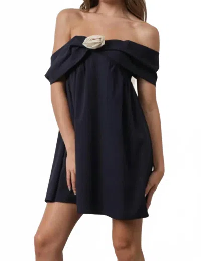 Pretty Garbage Rosette Off Shoulder Mini Dress In Navy In Blue