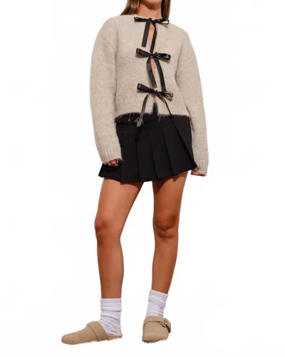 Pretty Garbage Satin Bow Tie Knit Cardigan In Sand In Brown
