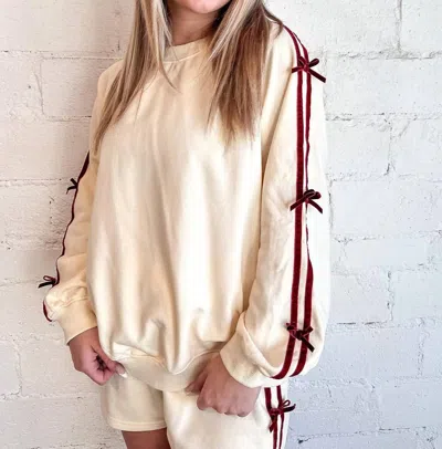Pretty Garbage Side Striped Sweatshirt With Bow Detail In Beige