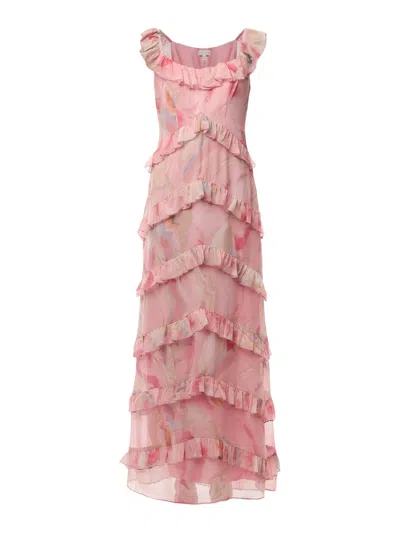 Pretty Lavish Scoop Neck Ruffle Maxi Dress In Pink & Brown Marble