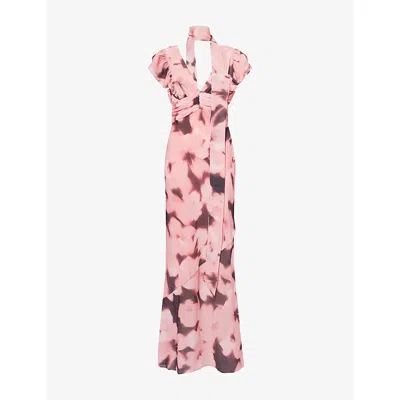 Pretty Lavish Womens Blush Watercolour V-neck Plissé Woven Maxi Dress In Pink