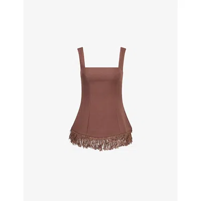 Pretty Lavish Womens Brown Verona Fringed Woven Top