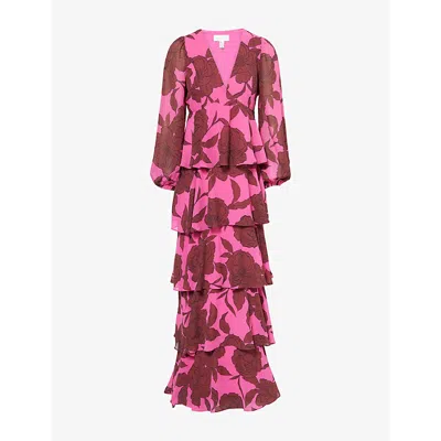 Pretty Lavish Womens Floral Fucshia Brown Ashton Ruffle Chiffon Maxi Dress In Pink