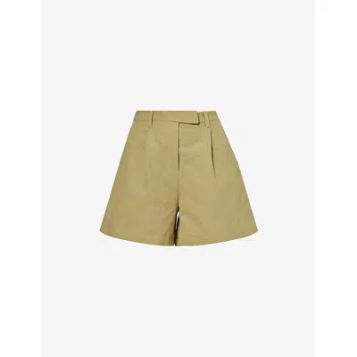 Pretty Lavish Womens Olive Thali Pleat-front Cotton-linen Shorts
