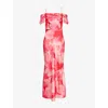 Pretty Lavish Asymmetric Cold Shoulder Slip Maxi Dress In Pink Large Scale Floral