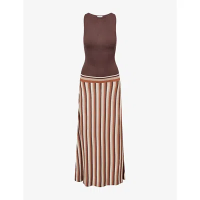Pretty Lavish Womens Brown & Cream Phoebe Slash-neck Knitted Maxi Dress