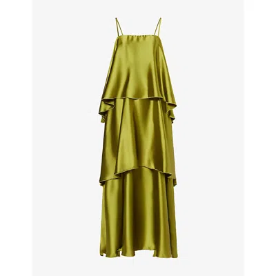 Pretty Lavish Womens Tove Tiered Satin Maxi Dress Tarragon In Green