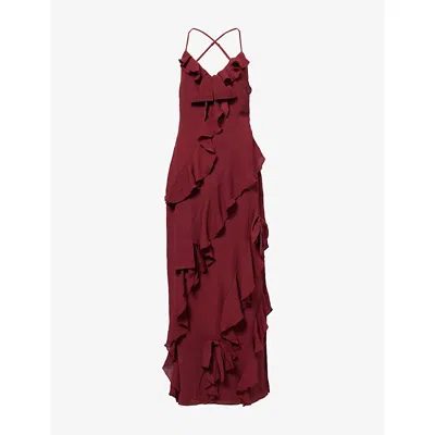 Pretty Lavish Womens Wine Elle Ruffled Bow Woven Maxi Dress In Burgundy